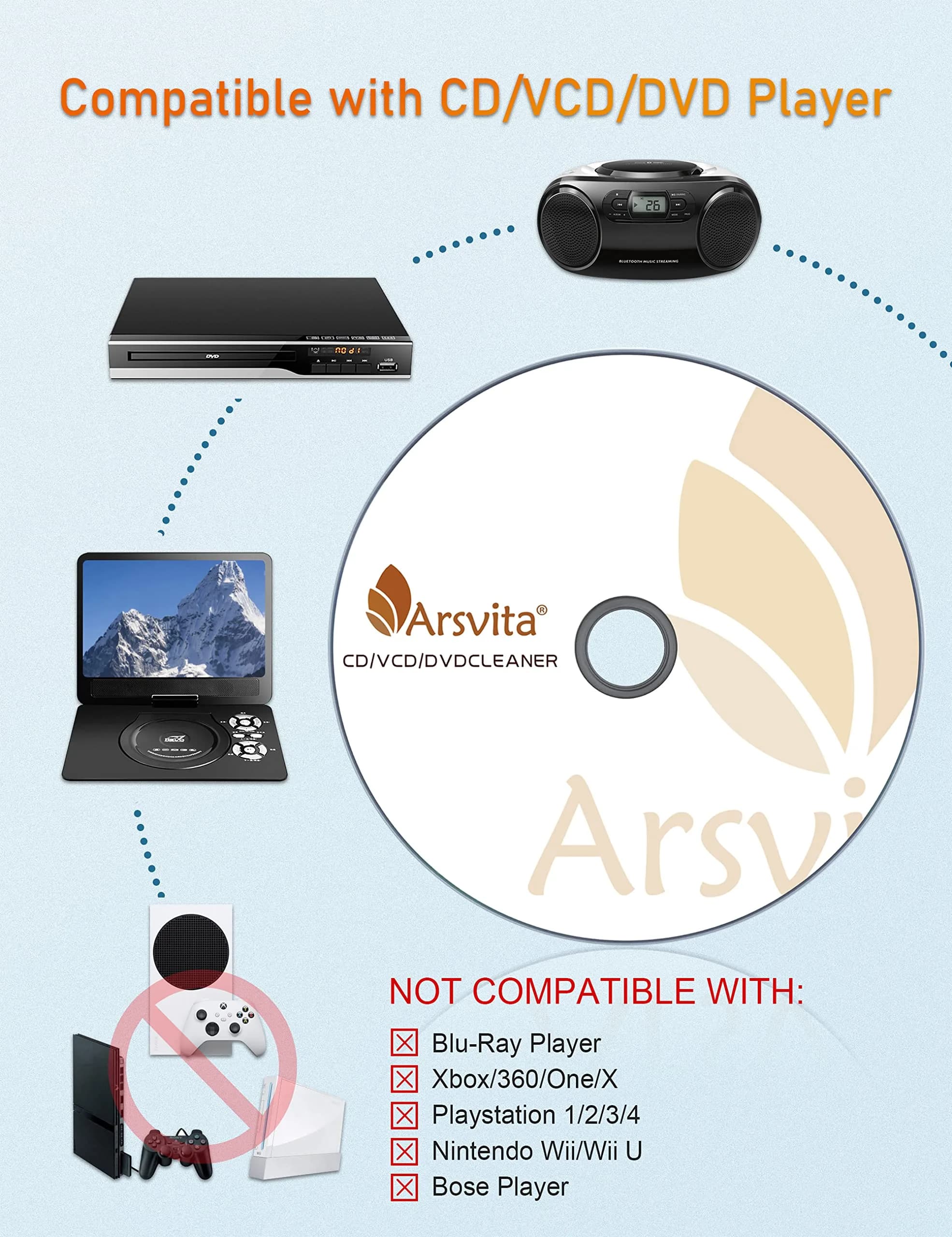 Arsvita Laser Lens Cleaner Disc Cleaning Set for CD/VCD/DVD Player, Safe and Effective, ARCD-04 | 1 Cleaner Disc, 1 Cloth, 1 Brush, 2 Fluids - view 4