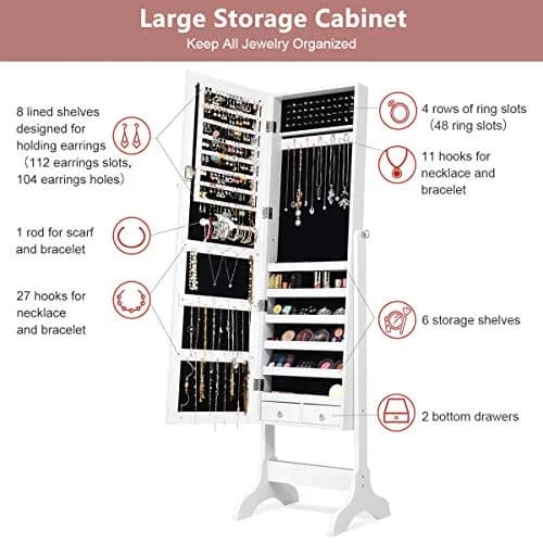 WATERJOY Jewelry Organizer with Full Body Standing Mirror 10.5'' x 43.5" | Lockable, Large Storage for Jewelry & Accessories thumbnail 6