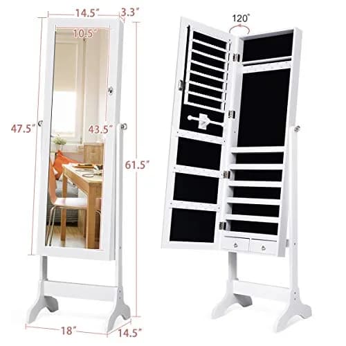WATERJOY Jewelry Organizer with Full Body Standing Mirror 10.5'' x 43.5" | Lockable, Large Storage for Jewelry & Accessories thumbnail 5