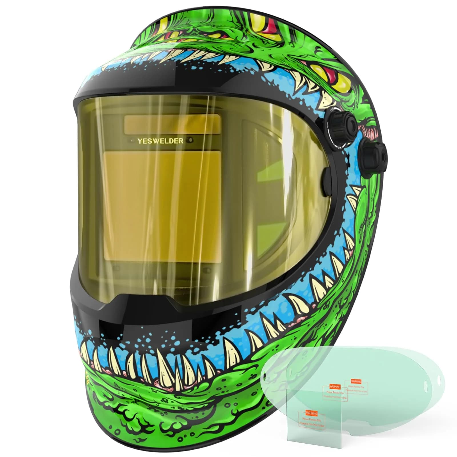 YESWELDER Auto Darkening Welding Helmet with LED, 180° View, LYG-Q800D | Blue Light Blocking, Large View, Multi-Process — 3.94" x 3.23" with side view