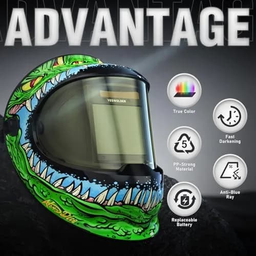 YESWELDER Auto Darkening Welding Helmet with SIDE VIEW, 180° Panoramic View, 1/1/1/1 True Color Solar Powered Welder Hood, Wide Shade 3/5-9/9-13 thumbnail 2