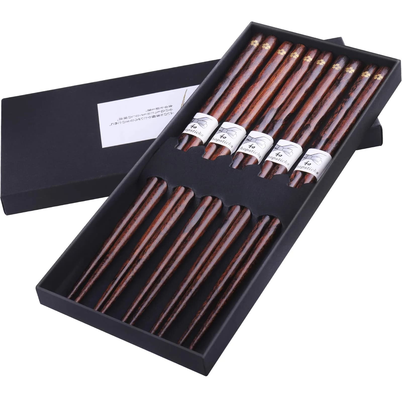 GLAMFIELDS Natural Wooden Japanese Chopsticks 22.5 cm (8.8 Inch) 5 Pairs | Lightweight Hand-Carved Gift Set