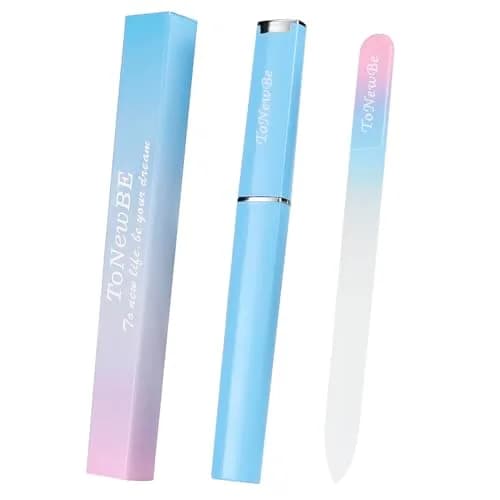 ToNewBe Glass Nail File with Case, Czech File, Double-Sided Etched Nail File 15.6cm (5.9in) | Professional Nail Shaping Tool — Pink-blue