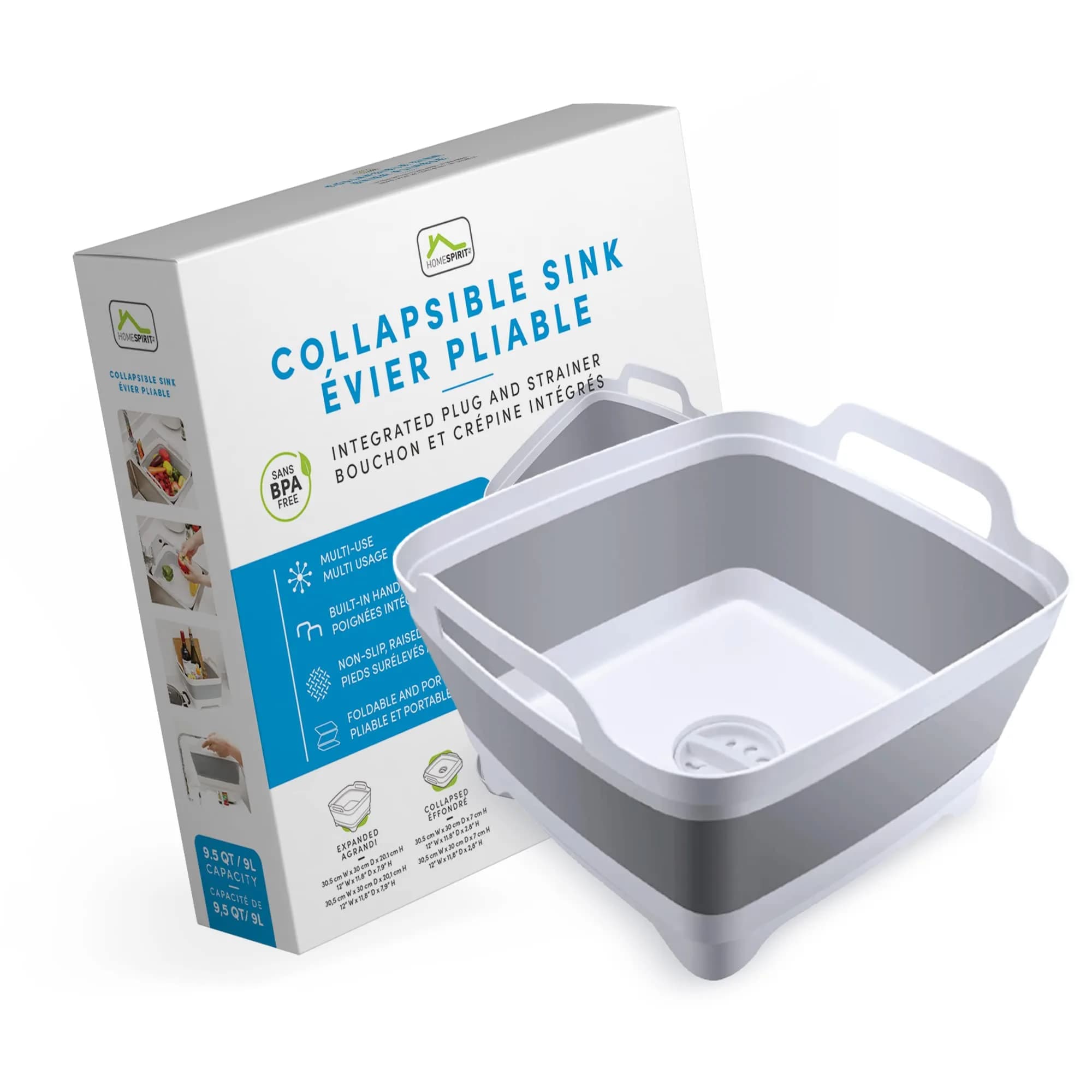 Home Spirit Collapsible Sink – 9L Portable Wash Basin Tub with Handle, Plug & Strainer – For Dishes, Fruits, Veggies, Laundry & Beverages | Multipurpose Kitchen Utility — 12in x 11.8in x 7.9in