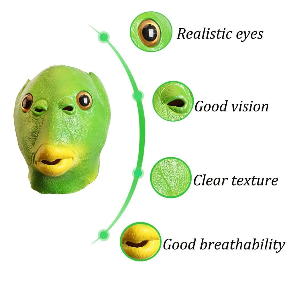 AQKILO Green Fish Mask for Adults, Natural Latex Sea Creature Full Head Mask | Vivid Sea Creature Profile - view 4