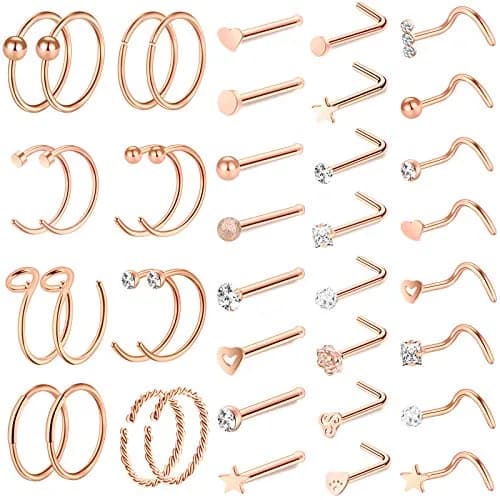 ONESING 40 PCS 20G Nose Rings for Women & Men | Hypoallergenic Stainless Steel, Gold Finish, 8mm Inner Size thumbnail 1