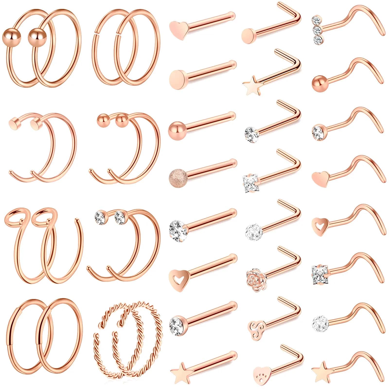 ONESING 40 PCS 20G Nose Rings for Women & Men | Hypoallergenic Stainless Steel, Gold Finish, 8mm Inner Size