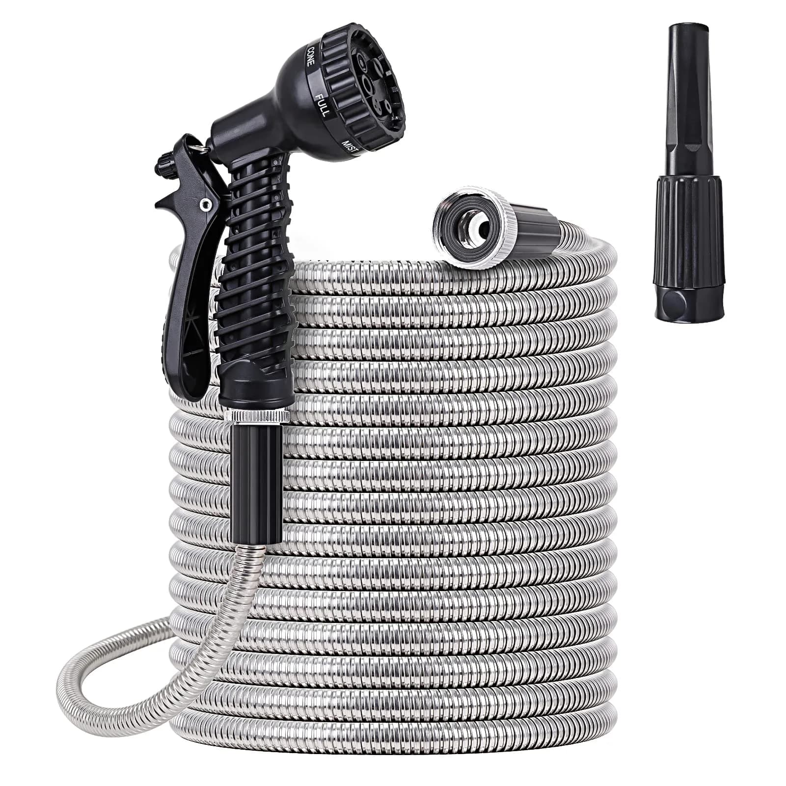 FOXEASE Stainless Steel Garden Hose 50 ft | Heavy Duty, Kink & Tangle Free, Dog Proof — Silver