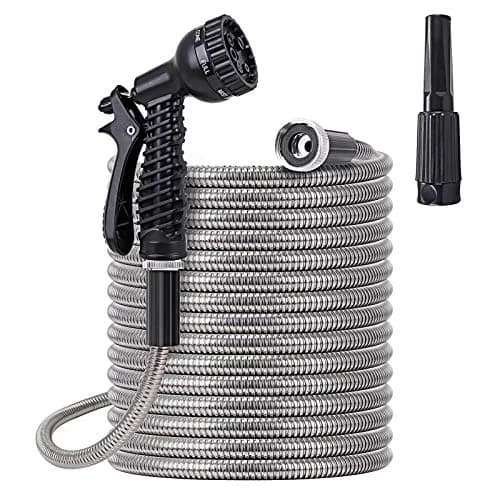 FOXEASE Metal Water Hose 25 ft - Stainless Steel Garden Hose with 2 Nozzles, Lightweight, Kink & Tangle Free, Heavy Duty, Dog Proof thumbnail 9