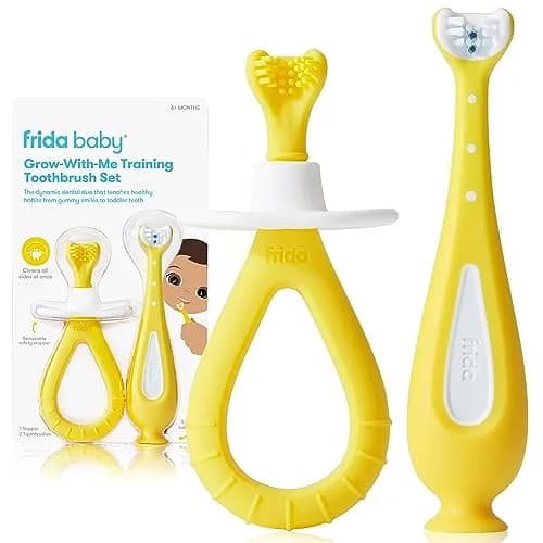 Frida Baby Grow-with-Me Training Toothbrush Set, 6-18 Months, Yellow | Gentle Silicone Bristles for Sensitive Gums thumbnail 1