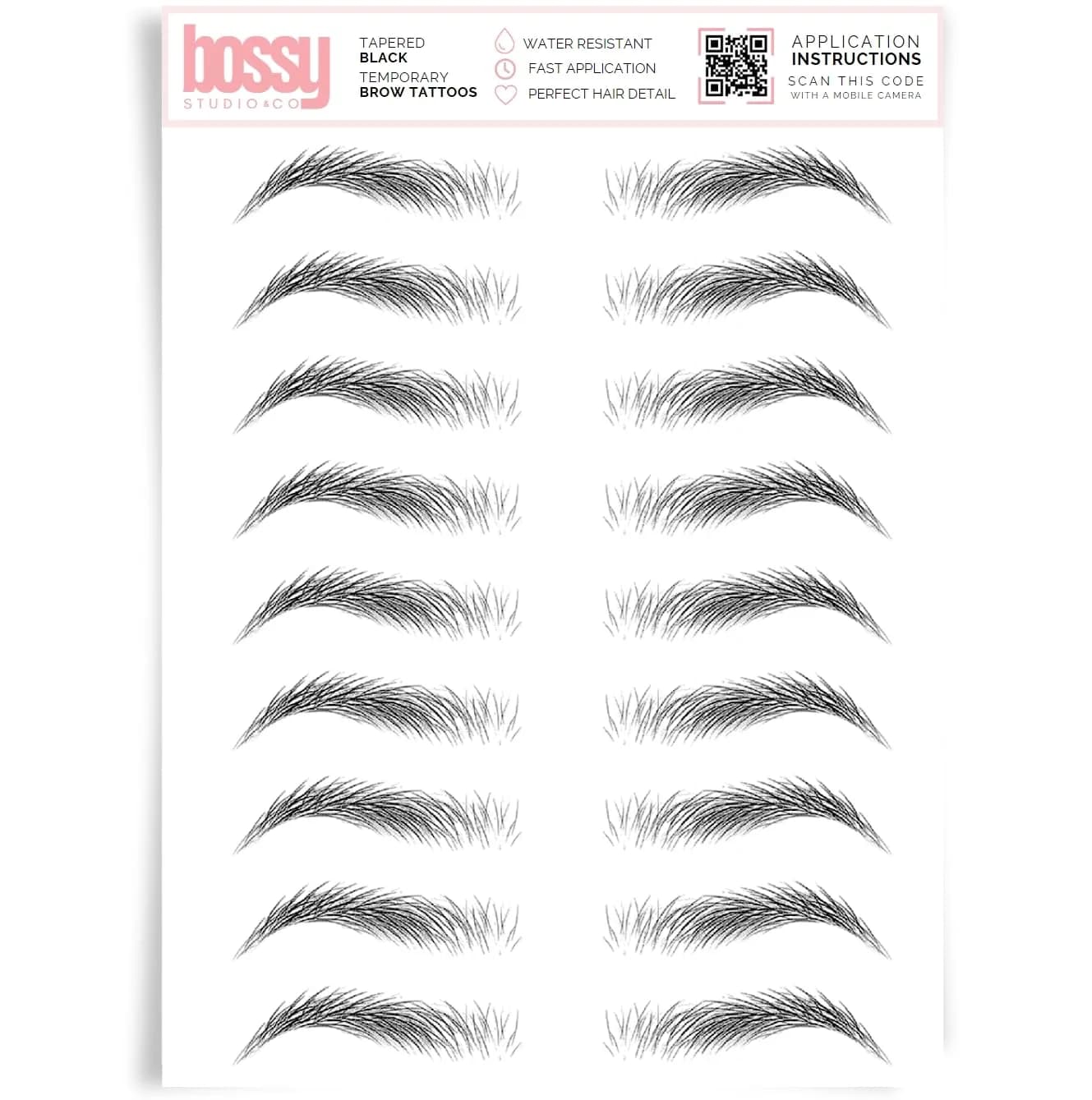 Brows by Bossy Temporary Eyebrow Tattoos Waterproof Tapered Black | Realistic, Long-Lasting & Waterproof