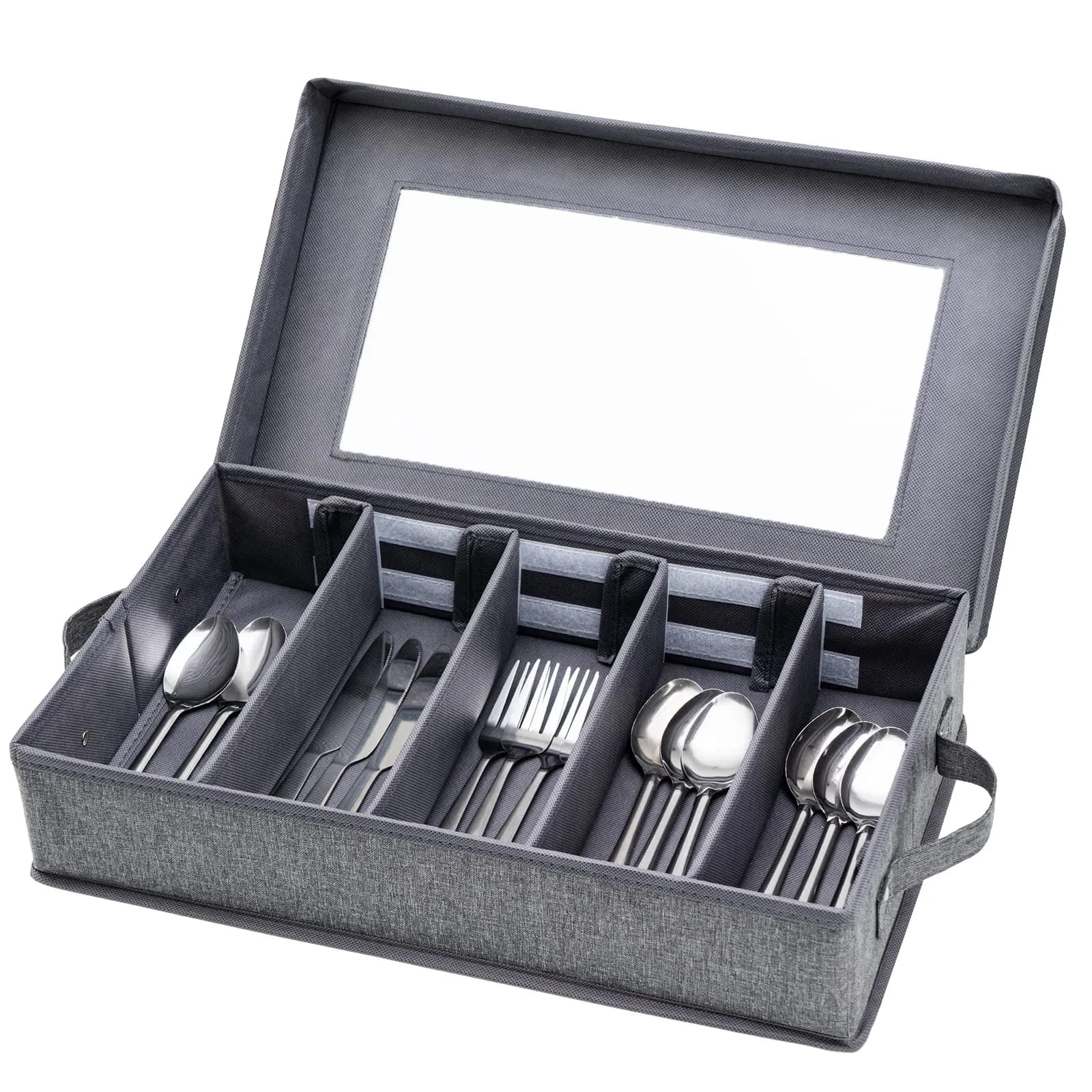Lafulling Silverware Storage Box, Flatware Storage with Adjustable Dividers | Dustproof, Collapsible, 17"x10.5"x4" — Modern