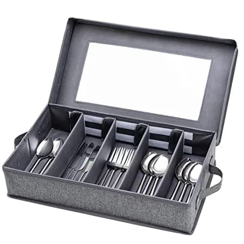 Lafulling Silverware Storage Box, Flatware Storage with Adjustable Dividers | Dustproof, Collapsible, 17"x10.5"x4" thumbnail 1