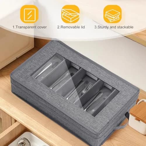Lafulling Silverware Storage Box, Flatware Storage with Adjustable Dividers | Dustproof, Collapsible, 17"x10.5"x4" thumbnail 4