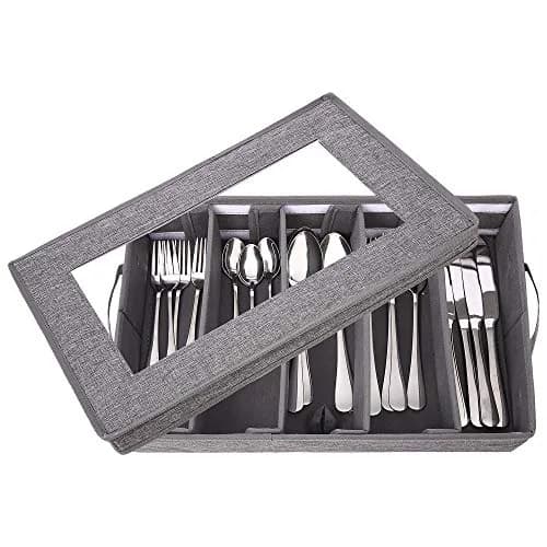 Lafulling Silverware Storage Box, Flatware Storage with Adjustable Dividers | Dustproof, Collapsible, 17"x10.5"x4" thumbnail 8