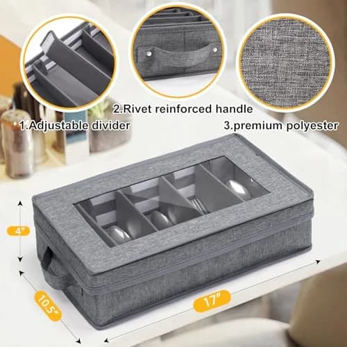 Lafulling Silverware Storage Box, Flatware Storage with Adjustable Dividers | Dustproof, Collapsible, 17"x10.5"x4" thumbnail 3