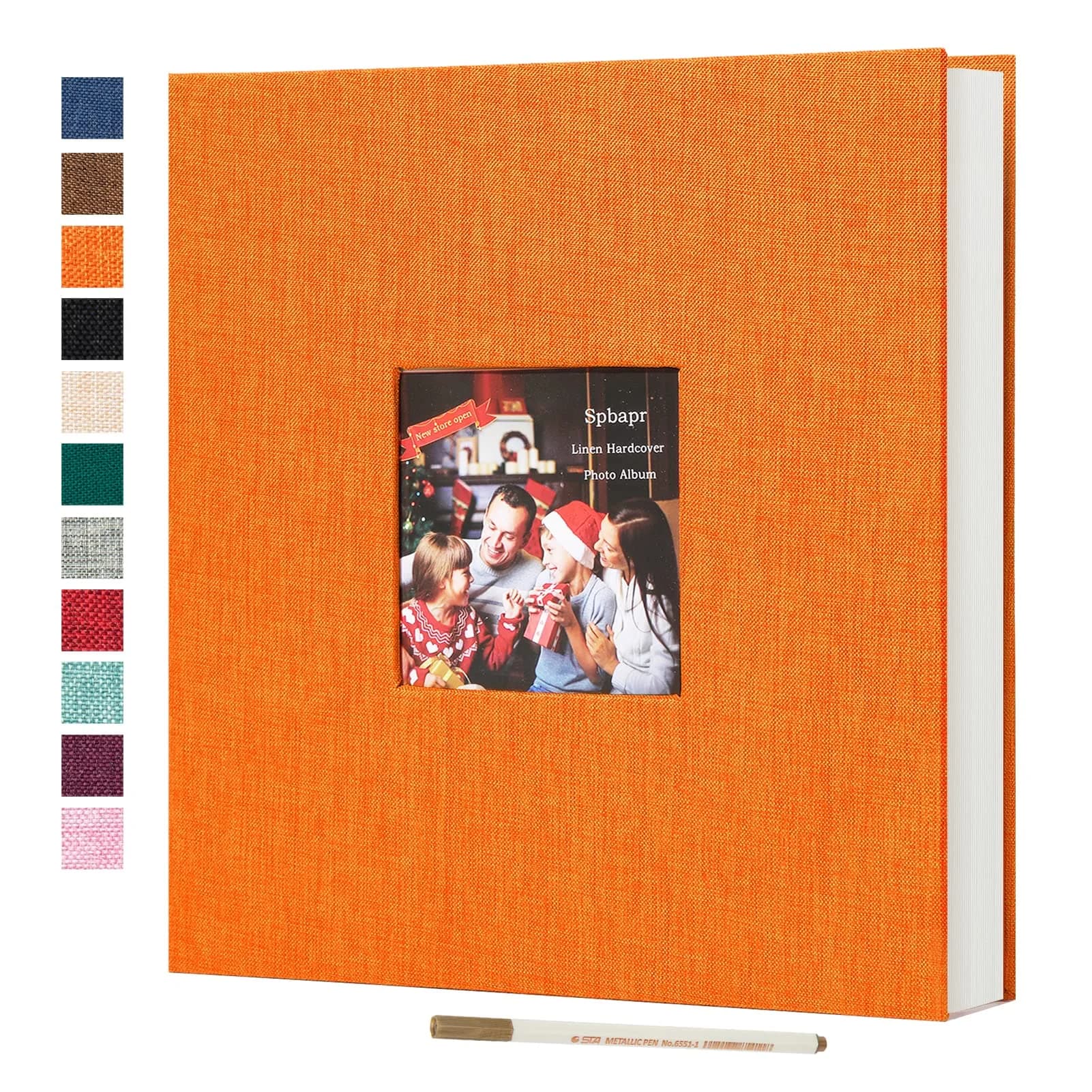 Spbapr Display Album 11x10.6 inches | Linen Cover, 40 Pages, Magnetic Self-Adhesive, DIY Scrapbook with Metal Pen, Orange