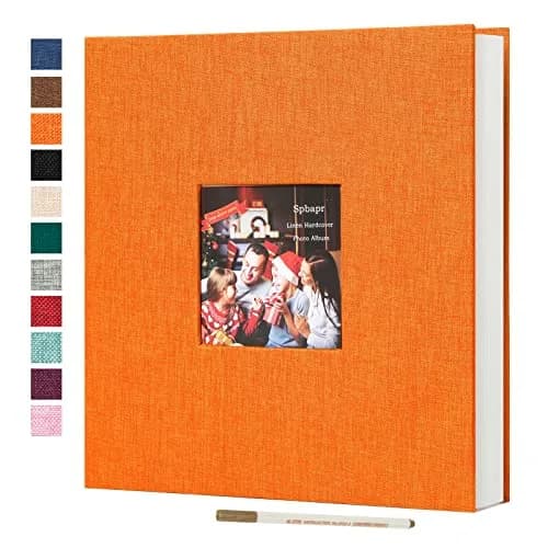 Spbapr Display Album 11x10.6 inches | Linen Cover, 40 Pages, Magnetic Self-Adhesive, DIY Scrapbook with Metal Pen, Orange thumbnail 1