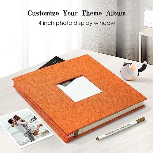Spbapr Display Album 11x10.6 inches | Linen Cover, 40 Pages, Magnetic Self-Adhesive, DIY Scrapbook with Metal Pen, Orange thumbnail 2