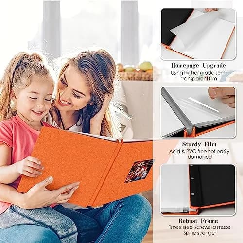 Spbapr Display Album 11x10.6 inches | Linen Cover, 40 Pages, Magnetic Self-Adhesive, DIY Scrapbook with Metal Pen, Orange thumbnail 3