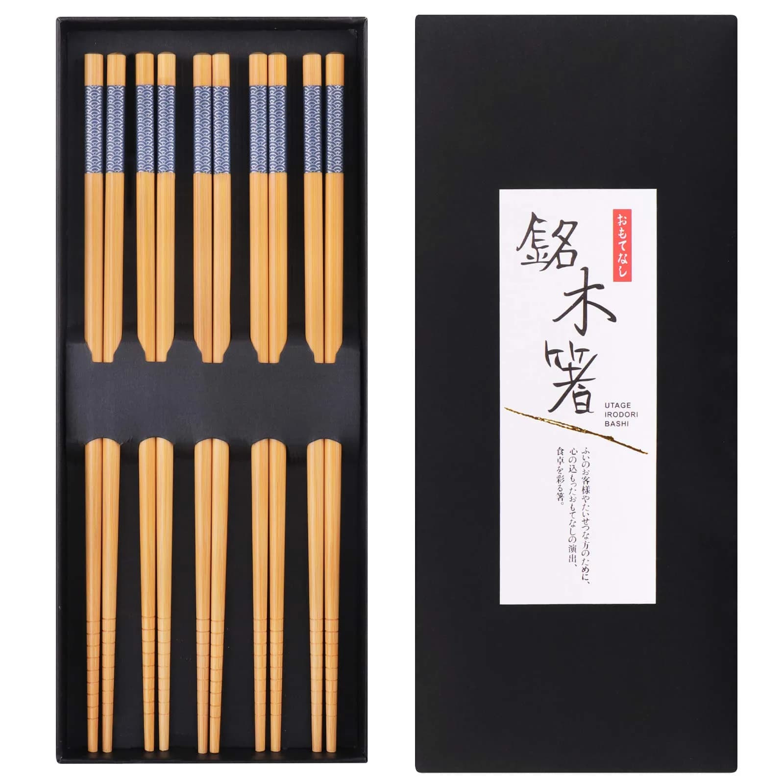 GLAMFIELDS Natural Bamboo Chopsticks 22.5 cm (8.8 Inch) Set of 5 | Japanese Style for Asian Cuisine