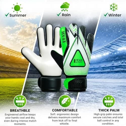 EFAH SPORTS Goalie Goalkeeper Gloves for Kids Youth with Grips & Wrist Support, Size 4 (Black/Green) thumbnail 2