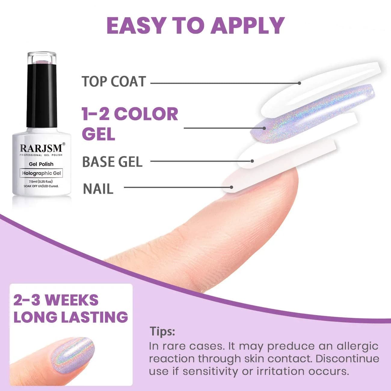 RARJSM Holographic Gel Nail Polish 7.5ml (0.25 Fl Oz) | UV/LED Cure, Long-Lasting Rainbow Effect - view 6