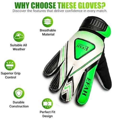 EFAH SPORTS Goalie Goalkeeper Gloves for Kids Youth Size 5 Black/Green | Breathable Mesh & Extra Grip thumbnail 6