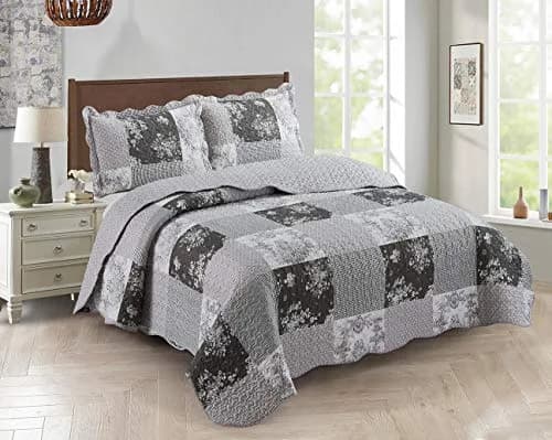 Brilliant Sunshine Multi Grey Toile & Floral Patchwork Quilt Set, Full/Queen | Elegant Reversible Microfiber Bedding thumbnail 1