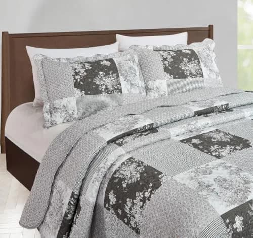 Brilliant Sunshine Multi Grey Toile & Floral Patchwork Quilt Set, Full/Queen | Elegant Reversible Microfiber Bedding thumbnail 4
