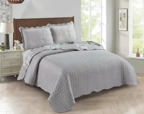 Brilliant Sunshine Multi Grey Toile & Floral Patchwork Quilt Set, Full/Queen | Elegant Reversible Microfiber Bedding thumbnail 5