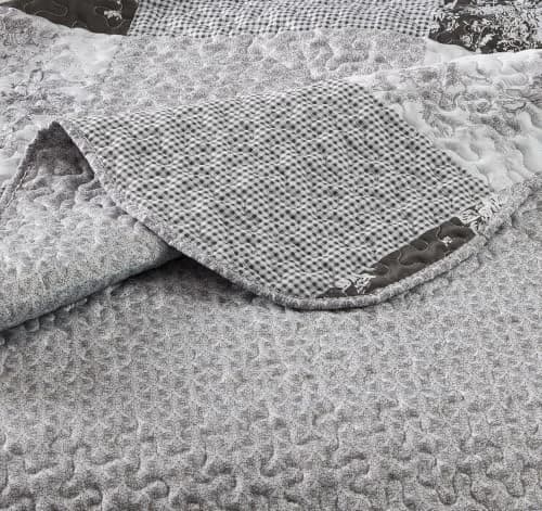 Brilliant Sunshine Multi Grey Toile & Floral Patchwork Quilt Set, Full/Queen | Elegant Reversible Microfiber Bedding thumbnail 6