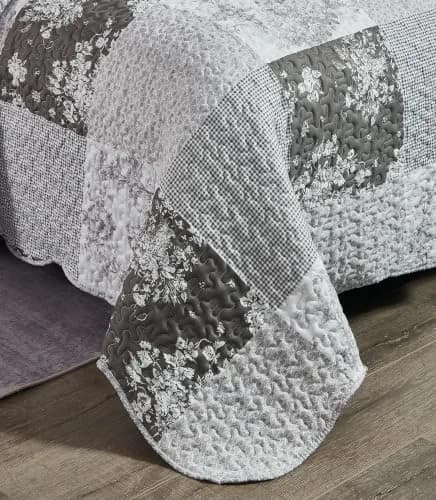 Brilliant Sunshine Multi Grey Toile & Floral Patchwork Quilt Set, Full/Queen | Elegant Reversible Microfiber Bedding thumbnail 7