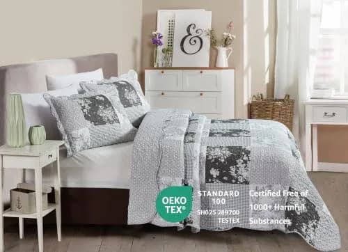 Brilliant Sunshine Multi Grey Toile & Floral Patchwork Quilt Set, Full/Queen | Elegant Reversible Microfiber Bedding thumbnail 2