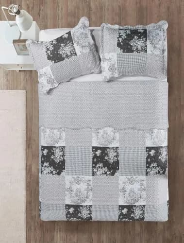 Brilliant Sunshine Multi Grey Toile & Floral Patchwork Quilt Set, Full/Queen | Elegant Reversible Microfiber Bedding thumbnail 3