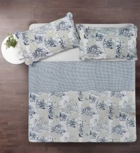 Brilliant Sunshine Blue Toile Quilt Set, Beige & Ivory Patches | Elegant All-Season King Size Bedding thumbnail 3