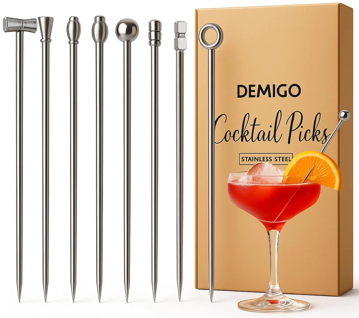 Demigo Cocktail Picks Set of 8 | Stainless Steel Reusable Martini Picks for Elegant Drinks — 8pcs Medium