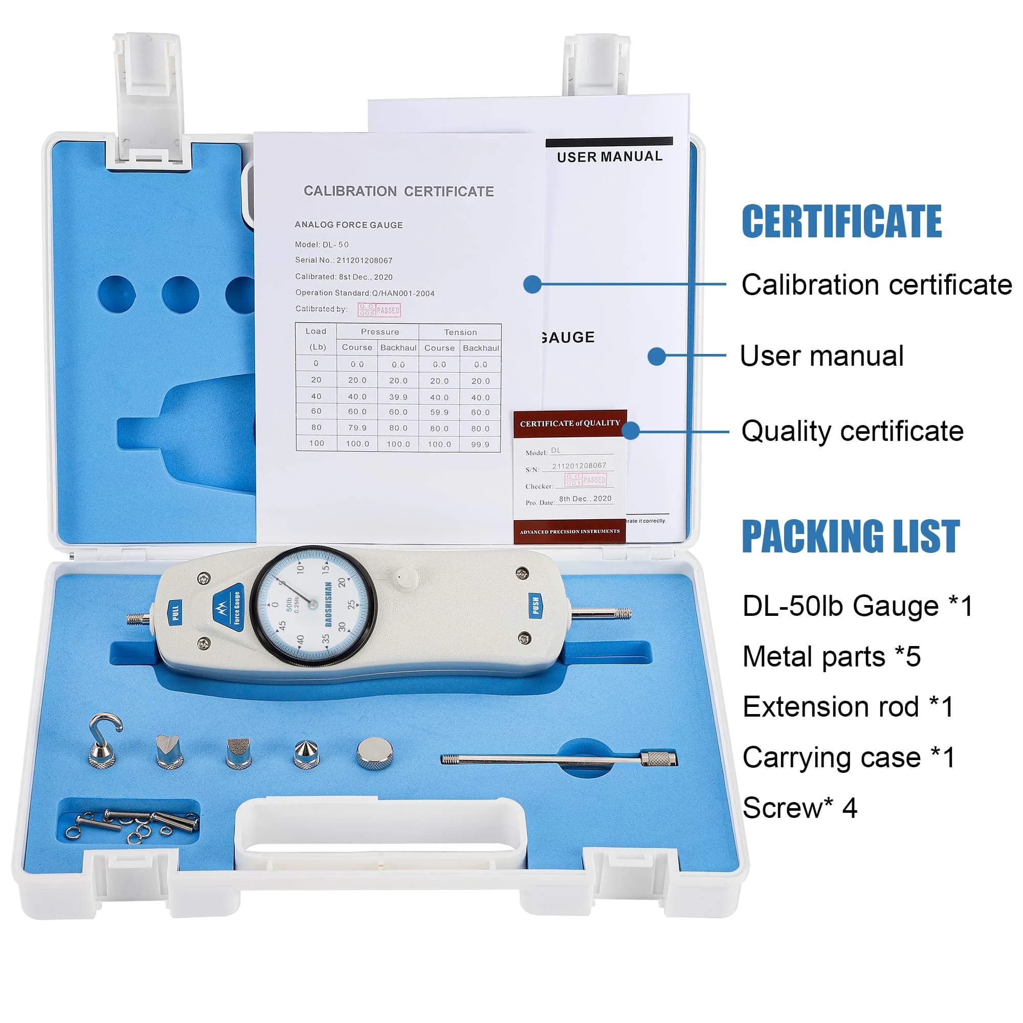 BAOSHISHAN 50lb Push Pull Force Gauge with Calibration Certificate & Carrying Case | Measures Force Up to 22.7 kg (50 lb) - view 2