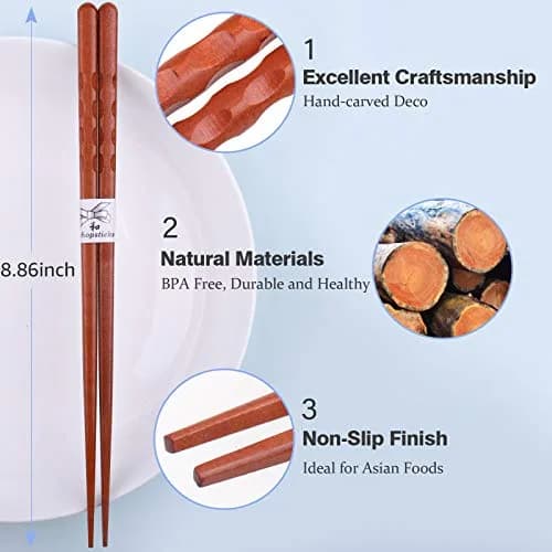 GLAMFIELDS Natural Wooden Japanese Chopsticks 22.5cm (8.8 Inch) 5-Pair Gift Set | Hand-Carved for Easy Grip thumbnail 3