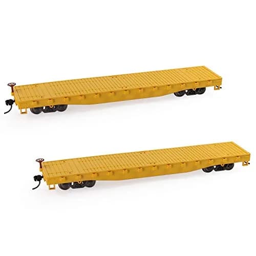 Evemodel 2pcs HO Scale 52' Flat Car Flatbed Transporter Model Train Container Carriage (Yellow) | 87 Scale Freight Car thumbnail 1