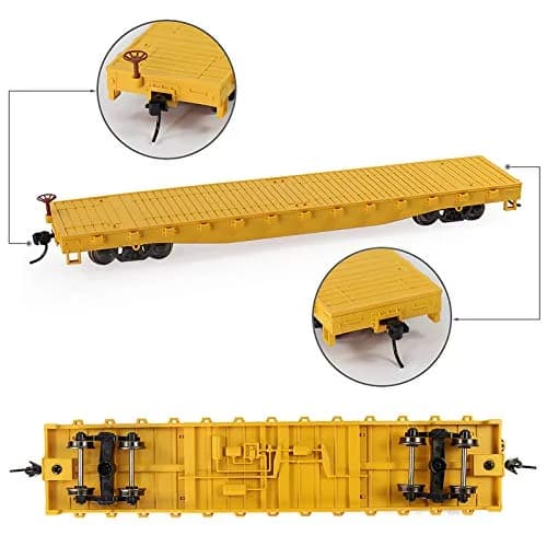 Evemodel 2pcs HO Scale 52' Flat Car Flatbed Transporter Model Train Container Carriage (Yellow) | 87 Scale Freight Car thumbnail 4