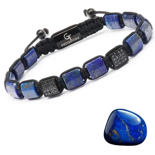 GT collection Men's Flat Bead Natural Gemstone Bracelet, Blue Lapis Lazuli | Handmade, Adjustable, 7.2-9 inch thumbnail 1