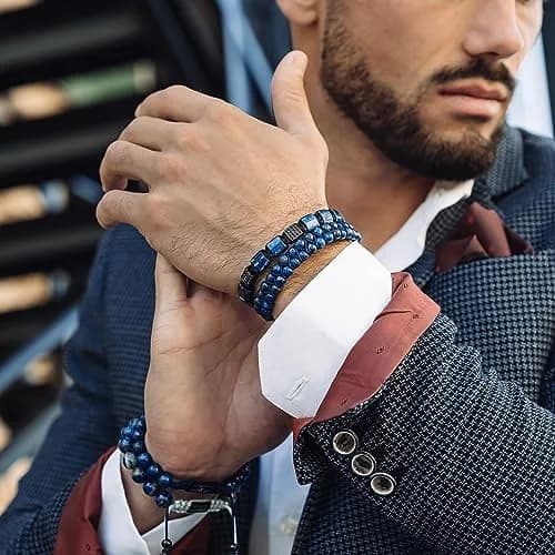 GT collection Men's Flat Bead Natural Gemstone Bracelet, Blue Lapis Lazuli | Handmade, Adjustable, 7.2-9 inch thumbnail 4
