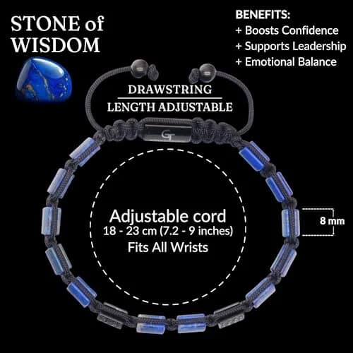 GT collection Men's Flat Bead Natural Gemstone Bracelet, Blue Lapis Lazuli | Handmade, Adjustable, 7.2-9 inch thumbnail 5