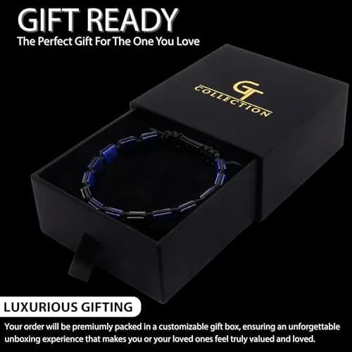 GT collection Men's Flat Bead Natural Gemstone Bracelet, Blue Lapis Lazuli | Handmade, Adjustable, 7.2-9 inch thumbnail 6