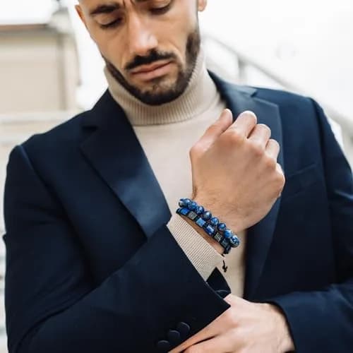 GT collection Men's Flat Bead Natural Gemstone Bracelet, Blue Lapis Lazuli | Handmade, Adjustable, 7.2-9 inch thumbnail 2