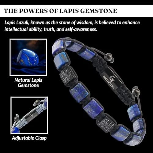 GT collection Men's Flat Bead Natural Gemstone Bracelet, Blue Lapis Lazuli | Handmade, Adjustable, 7.2-9 inch thumbnail 3