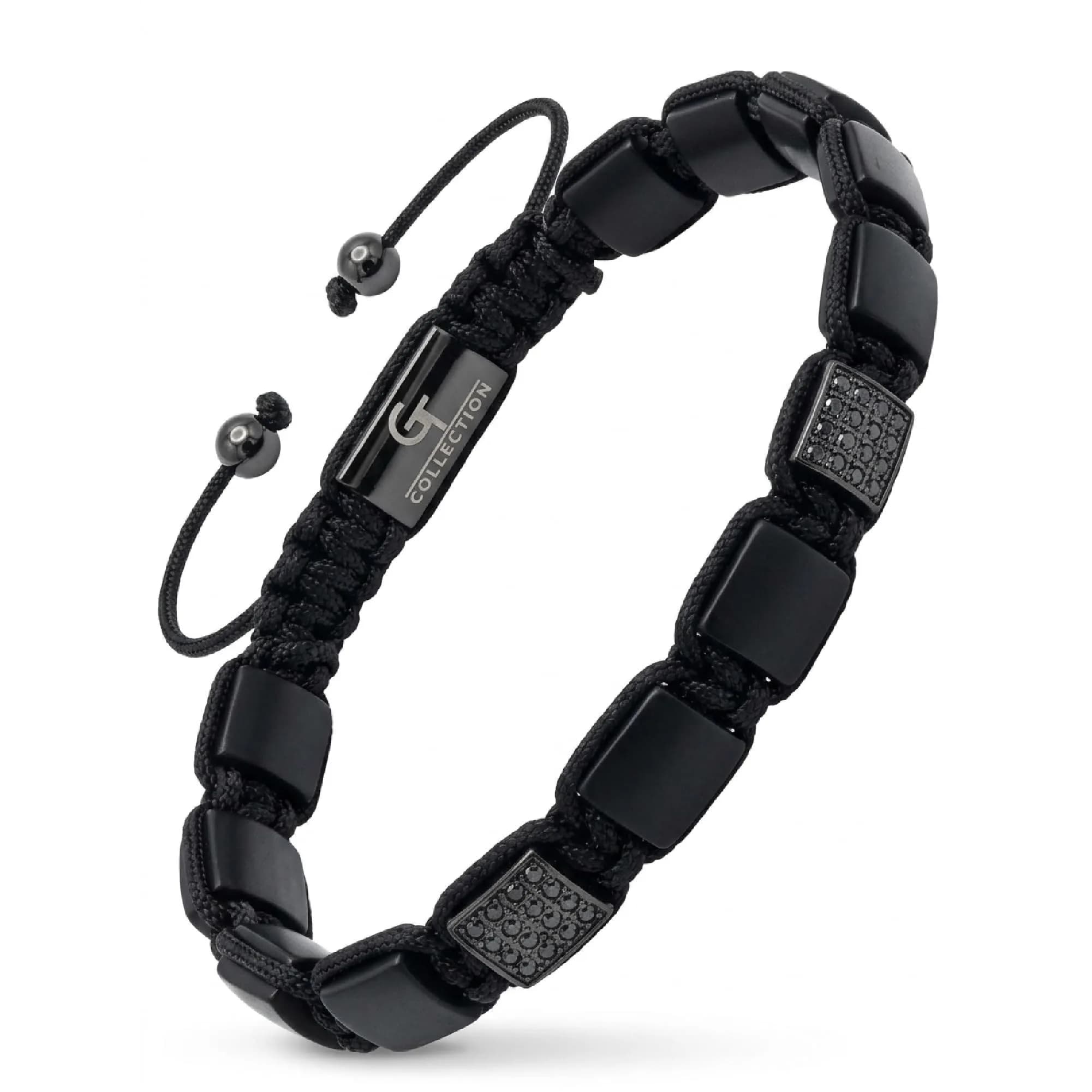GT collection Men's Flat Bead Natural Gemstone Bracelet, Black Matte Onyx | Adjustable Energy & Grounding Accessory