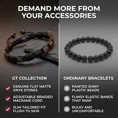 GT collection Men's Flat Bead Natural Gemstone Bracelet, Black Matte Onyx | Adjustable Energy & Grounding Accessory thumbnail 4