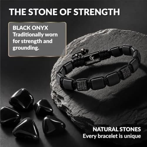 GT collection Men's Flat Bead Natural Gemstone Bracelet, Black Matte Onyx | Adjustable Energy & Grounding Accessory thumbnail 6